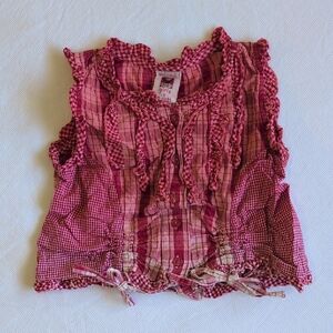 vintage April Cornell red mixed gingham plaid button front sleeveless blouse 2T